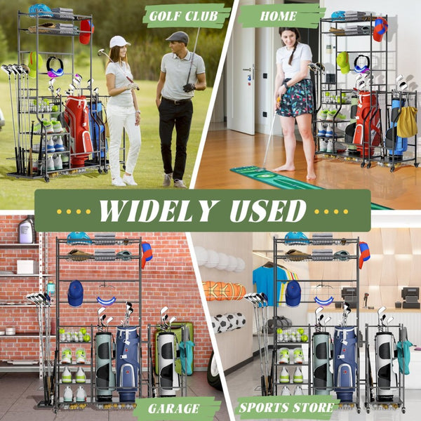 English Elm Golf Bag Vertical Rack Organizer Holds 3 Bags with Club and Accessory Shelves T3210P392618