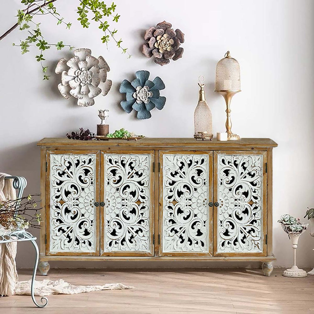 English Elm Accent Distressed Cabinet with 4 Doors - Farmhouse Sideboard Buffet, Carved Floral Fronts, Slim Storage for Entryway W2295P246504