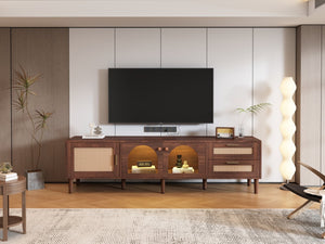 English Elm 70 Inch Rattan Media Console with Led Lighting Two Drawers Glass Storage Modern Living Room N710P396852P