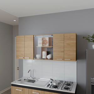 English Elm Lydia Modern Wall Cabinet in Natural Oak Finish with 4 Doors, Glass Display & Metal Handles — Sleek Storage Solution B128P287519