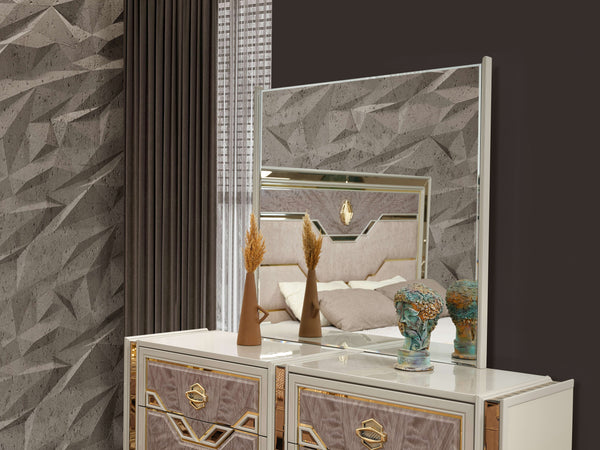 English Elm Omari Modern 4-Piece Queen Bedroom Set With Hydraulic Storage Bed & Gold Accents In Elegant Beige B009S01395