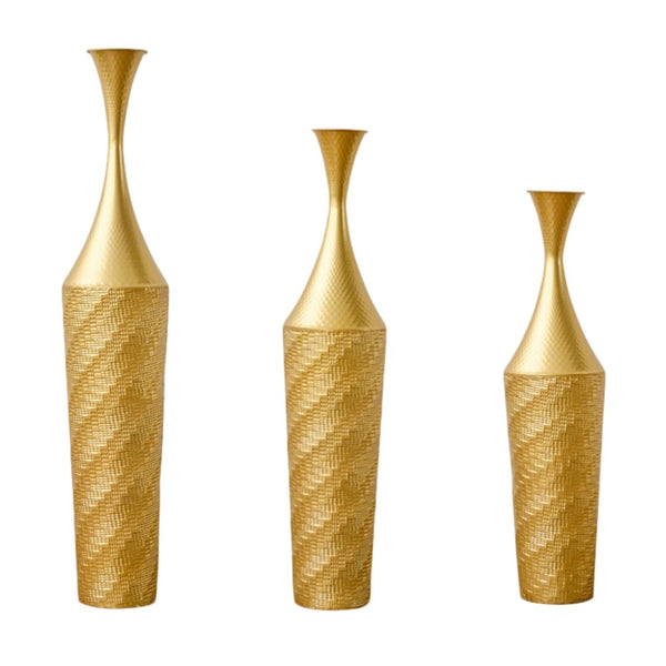 English Elm 3-piece Handcrafted Metal Floor Vase Set Matte Finish Architectural Trio for Entryway Gold W2796P446201