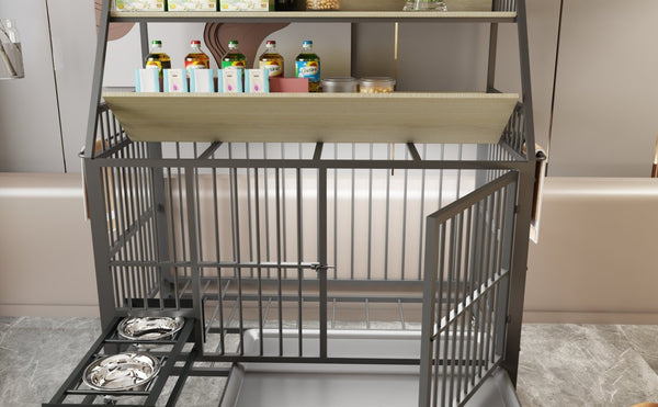 English Elm Large Pet Cage with Iron Frame Mdf Panels Storage Rack and Steel Feeding Basins Beige,Black W3064P245386