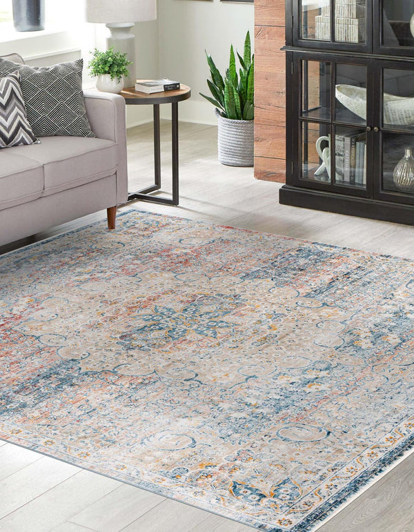 Unique Loom Newport Elms Machine Made Medallion Rug Multi, Blue/Gray/Ivory/Light Blue/Light Brown/Rust Red/Terracotta 10' 2" x 10' 2"