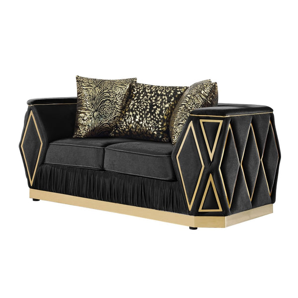 English Elm Cavalli Diamond Upholstered Sofa and Loveseat Set with Gold Accents for Modern Living Black+Gold B009S02182