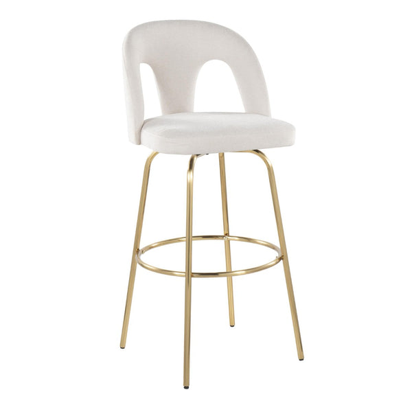English Elm Fixed-height Swivel Barstools with Gold Footrest Black Frame White Upholstery Set B202S01871