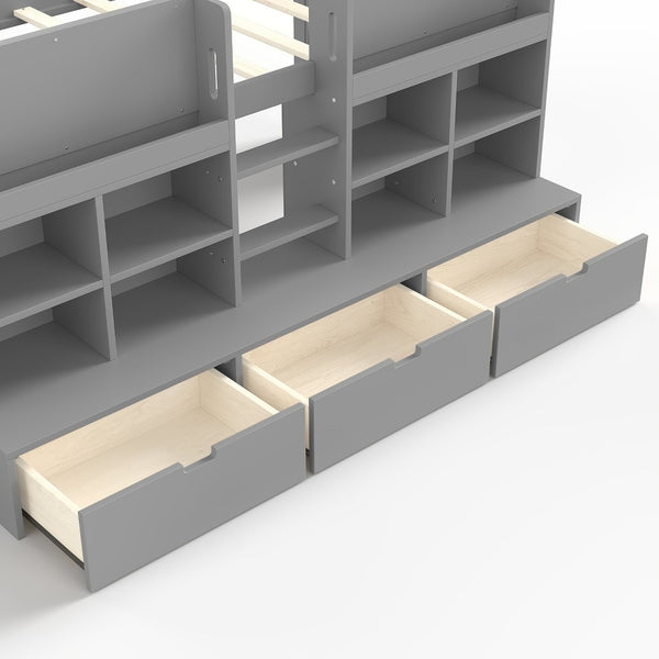 English Elm Full Bunk Bed with Trundle Bookshelf Storage Pine Frame Car Design for Kids W1580S00398