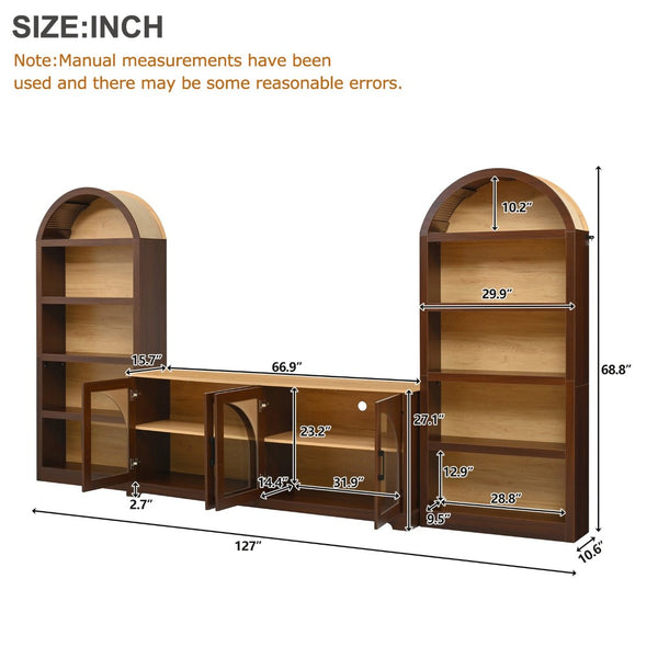 English Elm 3-piece Farmhouse Entertainment Center with Arched Glass Doors and Open Tower Shelving Walnut N721S000070P