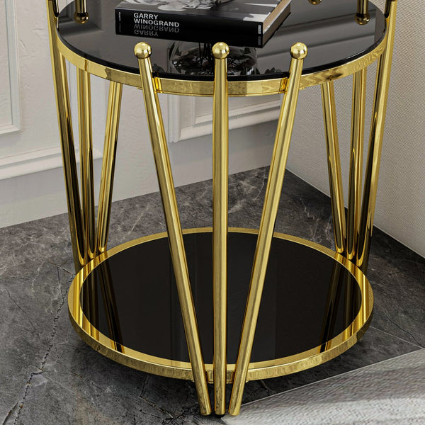 English Elm 19.69inch Gold Round Coffee Table with Crown Frame, 8mm Tempered Glass, Stainless Steel Base, Chic Storage Black W1550P171469