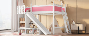 English Elm Full Loft Bed With Detachable Slide, Storage Shelves, And Cabinet In Pink & White – Fun & Functional! W1580S00245
