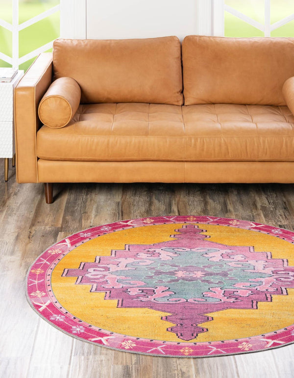 Unique Loom Timeless Thomas Machine Made Medallion Rug Yellow, Green/Ivory/Violet/Orange 7' 7" x 7' 9"