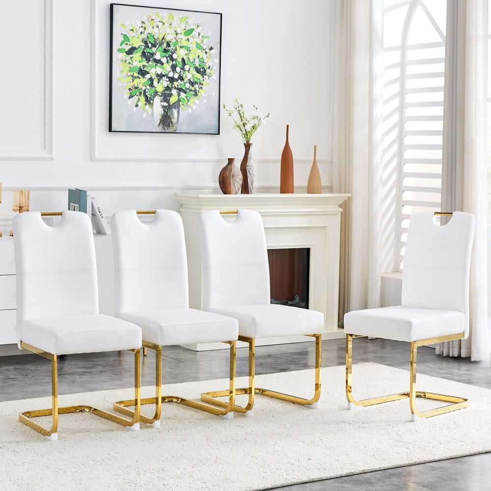 English Elm Modern Cantilever Gold Frame Pu Leather Dining Chairs Glam Set of Four White W3875P372993