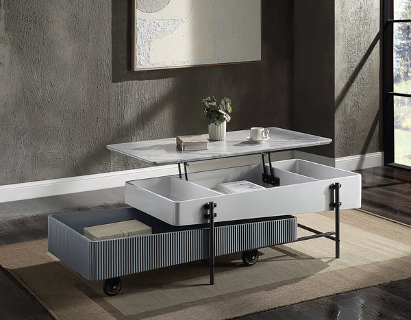 English Elm Grey Grey and White High Gloss lift-top coffee table with storage, industrial modern, durable design B062P209130