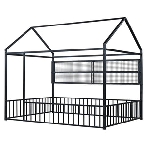 English Elm Full Metal House Bed Frame Full Size with Built-In Fence and 4 Grid Shelves for Durable Storage and Style Black N737P175361B