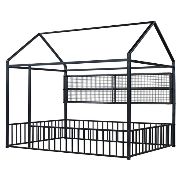 English Elm Full Metal House Bed Frame Full Size with Built-In Fence and 4 Grid Shelves for Durable Storage and Style Black N737P175361B