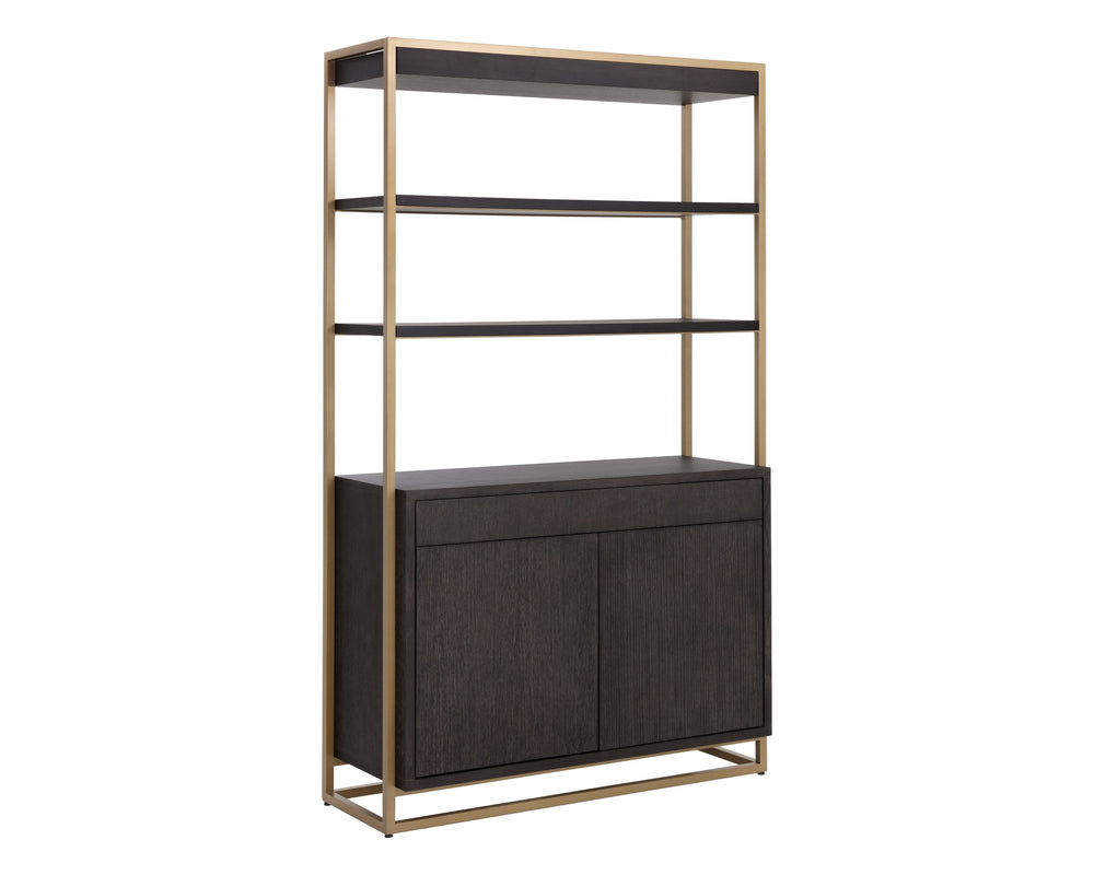 Sunpan Baldessara Bookcase - Rustic Bronze Steel Frame with Grey Oak Veneer Shelves, Anti-Tipping Kit Included