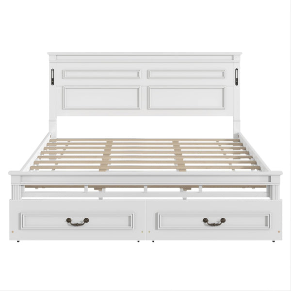 English Elm King Pine Wood Storage Bed with Led Lighting Usb Charging Tall Panel Headboard White W504S00269