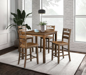 English Elm Walnut 5pc Counter Height Dining Set with Square Table & 4 Slat-Back Chairs, Transitional Style, Easy Assembly B2741P381504