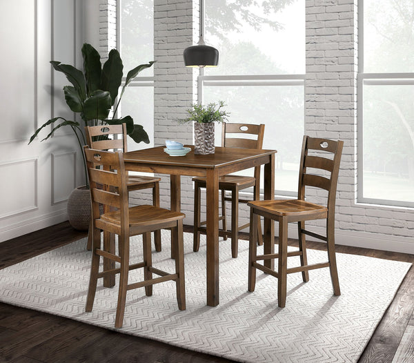 English Elm Walnut 5pc Counter Height Dining Set with Square Table & 4 Slat-Back Chairs, Transitional Style, Easy Assembly B2741P381504