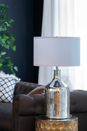 English Elm D18x32.2" Silver Round Table Lamp with White Fabric Shade — Glass Drum Lamp, Soft Warm Glow, 32.2" H W2078P395819