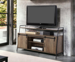 English Elm Rashawn Rustic Oak TV Stand with Black Frame, Sliding Barn Doors, 6 Compartments & Open Shelf B2726P256332