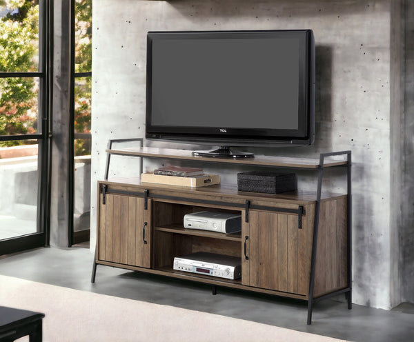 English Elm Rashawn Rustic Oak TV Stand with Black Frame, Sliding Barn Doors, 6 Compartments & Open Shelf B2726P256332