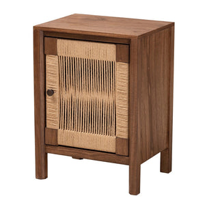 English Elm Modern Bayur Wood Nightstand with Rope Webbing Door and Walnut Finish Boho Bedroom B2750P420387