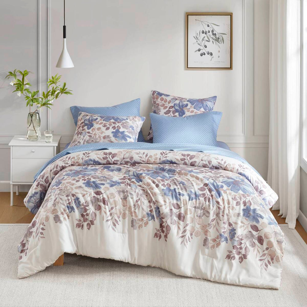 English Elm Floral Comforter Set With Soft Microfiber Sheets - Blue Watercolor Design For Cozy Bedrooms B035P266684