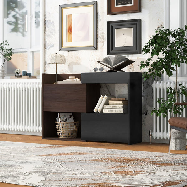 English Elm 32.5''-58.8''W Expandable Rotating Storage Cabinet with Drawer & Flip Doors, Modern Black Walnut Elegance N845P261744D