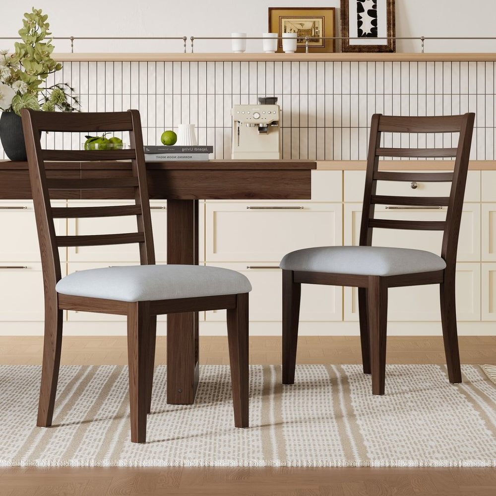 English Elm 2-piece Farmhouse Ladder Back Dining Chair Set Rubberwood Frame Upholstered Seat Kitchen Beige,Walnut N752P436724D