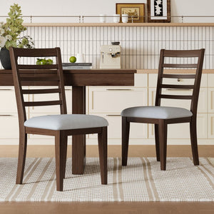 English Elm 2-piece Farmhouse Ladder Back Dining Chair Set Rubberwood Frame Upholstered Seat Kitchen Beige,Walnut N752P436724D