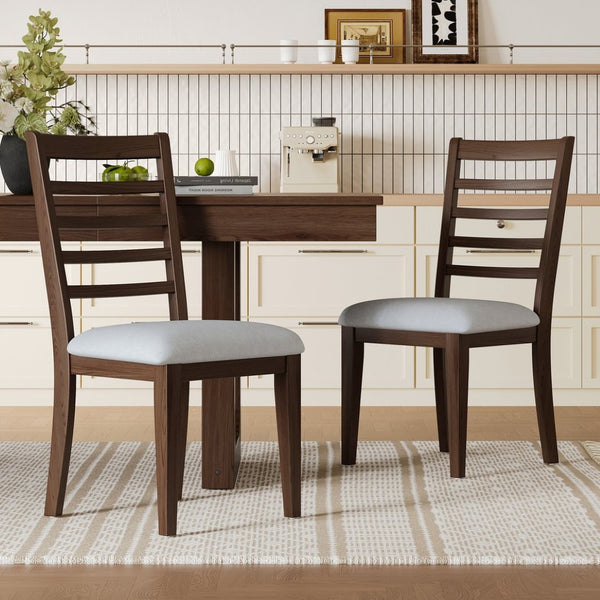 English Elm 2-piece Farmhouse Ladder Back Dining Chair Set Rubberwood Frame Upholstered Seat Kitchen Beige,Walnut N752P436724D