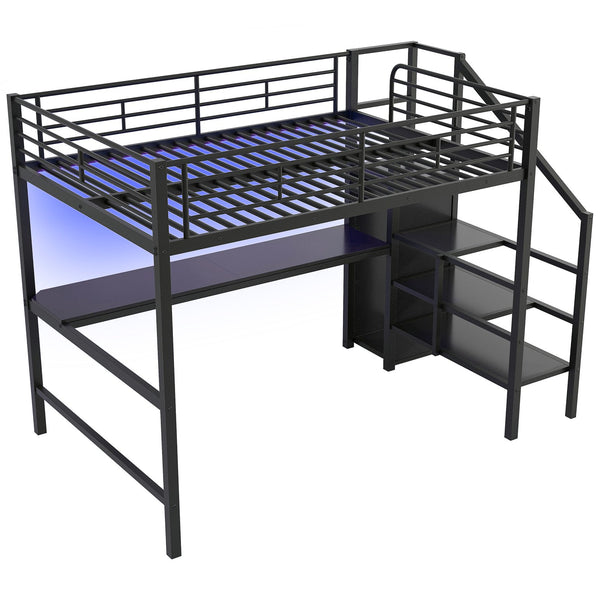 English Elm Full Size Metal Loft Bed With Desk, Storage Staircase, Wardrobe & Led Light - Space-Saving Design GX000620AAD