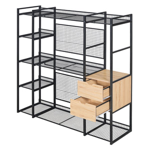 English Elm Open-Style Wardrobe Storage System with Heavy-Duty Metal Frame, Rails, Shelves & Drawers - Sleek Durable Design for Organized Living Black SF000087AAB