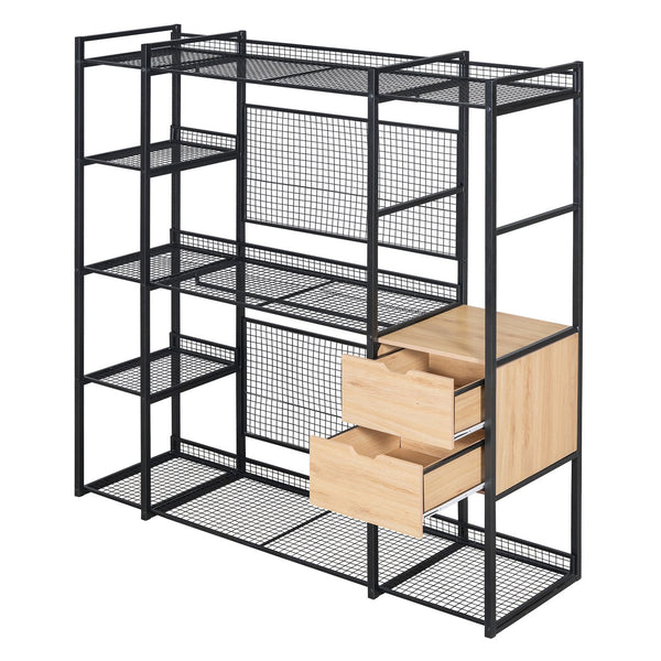 English Elm Open-Style Wardrobe Storage System with Heavy-Duty Metal Frame, Rails, Shelves & Drawers - Sleek Durable Design for Organized Living Black SF000087AAB