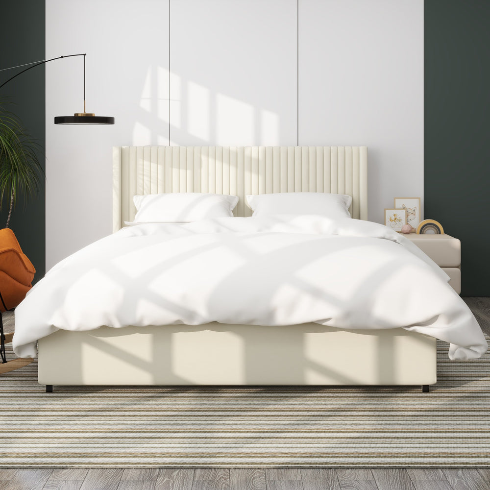 English Elm Anna Ivory Velvet 2-Drawer Storage Bed Queen with Vertical Channel Tufted Headboard, No Box Spring Needed B083P156196
