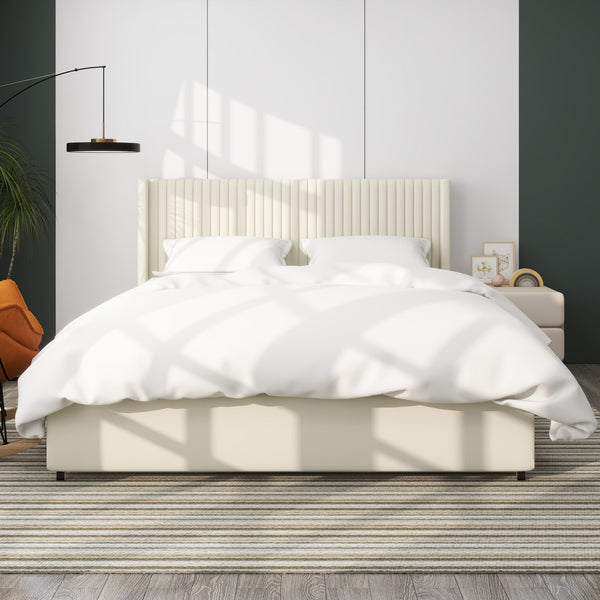 English Elm Anna Ivory Velvet 2-Drawer Storage Bed Queen with Vertical Channel Tufted Headboard, No Box Spring Needed B083P156196