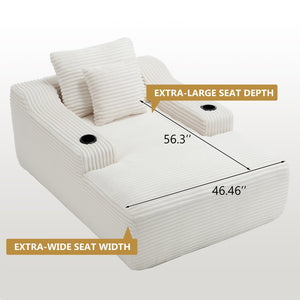 English Elm 67" Corduroy Oversized Chaise Sleeper Sofa Deep Seat Boneless Lounge with Cup Holder Pillows White W1803P409263