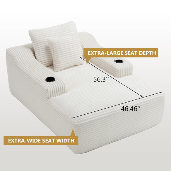 English Elm 67" Corduroy Oversized Chaise Sleeper Sofa Deep Seat Boneless Lounge with Cup Holder Pillows White W1803P409263