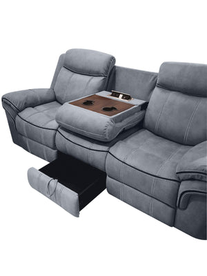 English Elm Zubaida Velvet Recliner Sofa with USB Ports, Drop‑Down Table & Storage Drawer, Pocket Coil Comfort Gray 86 L x 31 W x 26 H B2726P253084