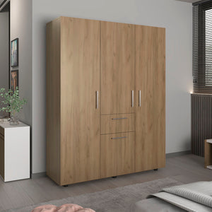 English Elm Bariloche 70" High Four-Door Armoire with Drawer, 3 Hanging Rods & 7 Shelves — Natural Oak Wardrobe B200S00421