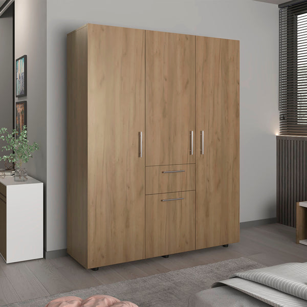 English Elm Bariloche 70" High Four-Door Armoire with Drawer, 3 Hanging Rods & 7 Shelves — Natural Oak Wardrobe B200S00421