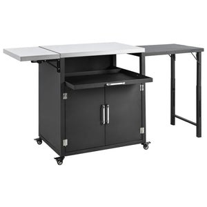 English Elm Versatile Outdoor Cabinet with Foldable Stainless Top, Extendable Iron Panel, Locking Wheels, Matte Black N719P244805B