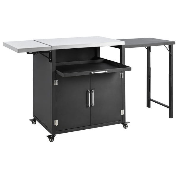 English Elm Versatile Outdoor Cabinet with Foldable Stainless Top, Extendable Iron Panel, Locking Wheels, Matte Black N719P244805B