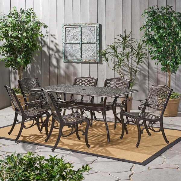 English Elm Christopher Knight Home® - Ravenna Bronze 6-Person Cast Aluminum Patio Dining Set with Floral Lattice Table, Rust-Resistant 54589.00BZE-6_57704.00