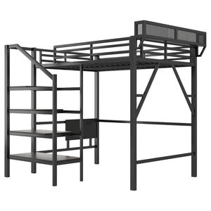 English Elm Full Size Metal Loft Bed with Foldable Desk Staircase Storage and Led Lighting W2580S00072