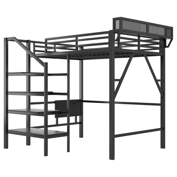 English Elm Full Size Metal Loft Bed with Foldable Desk Staircase Storage and Led Lighting W2580S00072