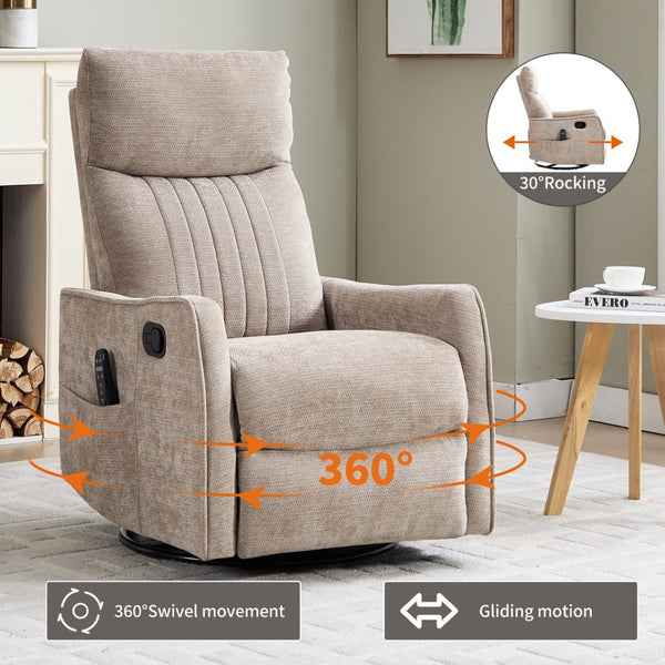 English Elm Beige Fabric Swivel Rocker Recliner with Massage Nodes and Lumbar Heat for Living Room Khaki W1803P363422