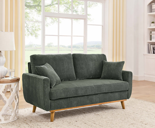 English Elm Asher Mid-Century Corduroy Sofa with Vertical Channel Texture, Tapered Walnut Legs, 2-Pillow Comfort Green B343P348951