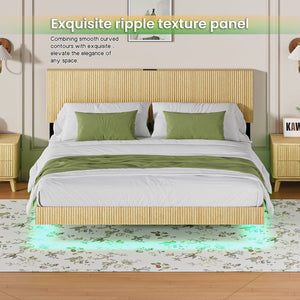 English Elm Oak Queen Floating Bed Walnut Finish Wavy Headboard Led Lighting Built in Charging W1820P408091